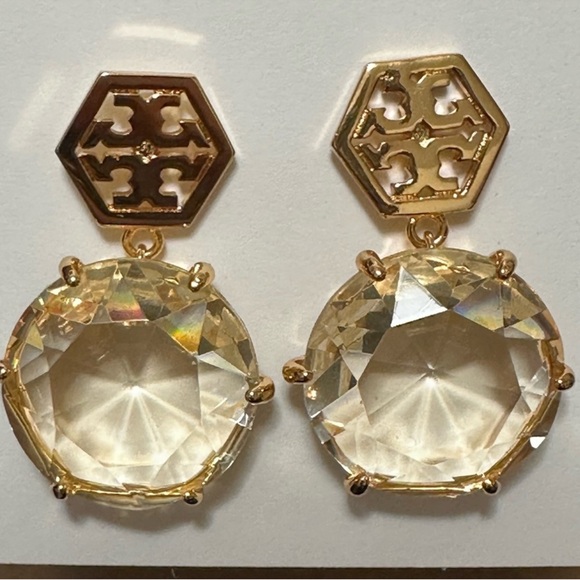 Tory Burch Gold hexagon and Clear Crystal small drop Earrings - Picture 5 of 7